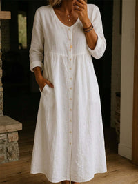Fashionable Casual Loose Long-Sleeve Cotton-Linen Button-Up Womens Long Dress