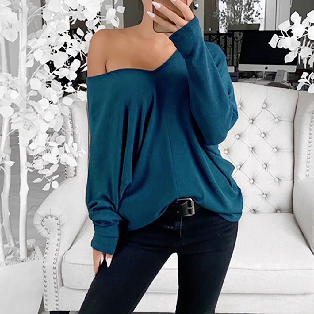 V-neck Lapsed Sleeves Loose Long-sleeved Top T-shirt For Women