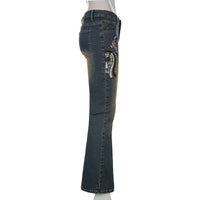 European And American Street Hipster Style Autumn New Women's Embroidered Pattern Retro Color With Diamond Slim Fit Slimming Jeans