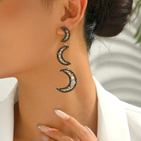 Black Paved Rhinestone Three Layer Crescent Moon Dangle Earrings For Women Vintage Gothic Elegant Party Prom Jewelry