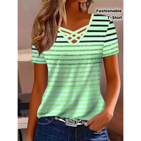 Fashionable V-neck Trendy Printed Cross-strap Striped Short Sleeves