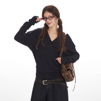 New Womens Fall Slim-fitDesigner-style V-neckWaist-cinching Long-sleeve Top