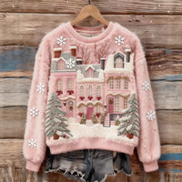 Womens 3D DigitalPrint Flannel Crewneck Sweatshirt For FallWinter