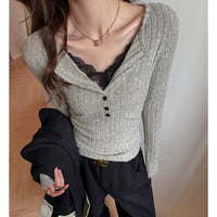 Fashion Lace Spliced Long Sleeve T-shirt Women