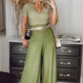 Short Sleeved Striped Tight Wide Leg Jumpsuit