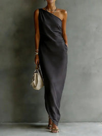 Elegant Satin Off-shoulder Draping Slim-fit Maxi Dress