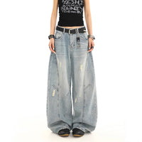 Retro Washed Distressed Loose Straight-leg Wide-leg Pants