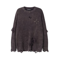Idle Style Sunken Stripe Make Old Ripped Round Neck Sweater
