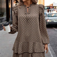 Printed Necktie-detail Dress With A Multi-layered Hem