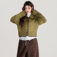 Polo Collar Striped Single-breasted Knitted Sweater Long Sleeve