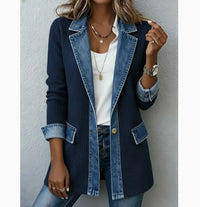Womens Casual Denim Patchwork Ribbed Lapel Jacket Suit