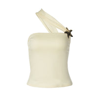 Fashionable One-shoulder Top With A Slash Neck And Gold Button Embellishments