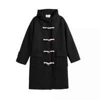 Long Black Toggle Button Wool Coat Women's Woolen Coat