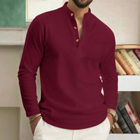 Waffle-pattern Solid-color Stand-up Collar With Long Placket And Buttons Long Sleeves