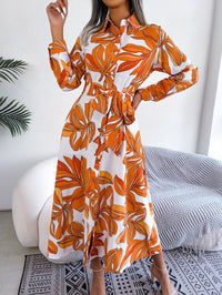 Women's Floral Print Lapel Tie Waist Shirt Maxi Dress