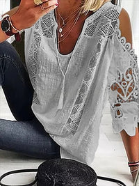 Women's U-Neck Embroidered Cotton Hollow-Out Tassel Top T-Shirt