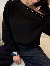 Womens Knitted Top With Rivet-Embellished Slanted Shoulders And Long Sleeves