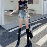 Retro Ripped Raw-Edge Denim Shorts For Women Lightweight And Loose-Fitting