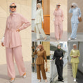 Womens Muslim Solid-Colored Fashion Set Shirt Wide-Leg Pants