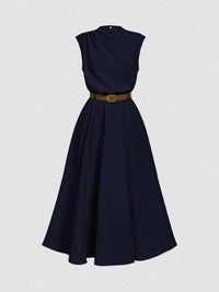 Solid-color High-neck One-sided Ruched Sleeveless Dress