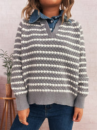 Women's Denim Patchwork Lapel Knitted Stripe Color Block Fake Two-piece Sweater