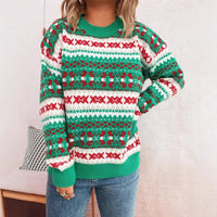 Cute Pattern Jacquard Contrast Color Round Neck Long Sleeve Casual Sweater