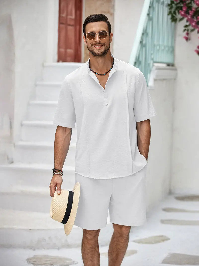 Men's 2 Pieces Linen Set Henley Shirt Short Sleeve And Shorts Summer Beach Yoga Matching Outfits