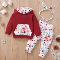 Cotton Floral Print Hooded Long Sleeve Sweater Pants Three Piece Set