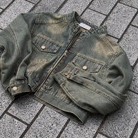 Stand Collar Double Pocket Design Loose All-matching Short Long Sleeve Denim Coat