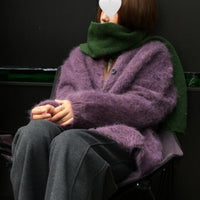 Purple Lazy High-end Mohair Cardigan Women's Autumn Winter Loose