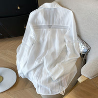 Hollow Lace Design Blue Striped Sun Protection Shirt For Women Summer