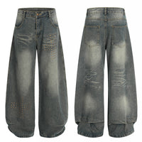 American-style Rivet-deconstructed Distressed Washed Denim Jeans