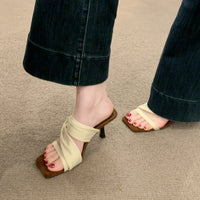 Square Toed Sandals For Women Wearing Fashionable French Style Slim Heels And Small High Heels