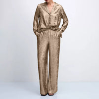 Collared Long-sleeved Shirt And High-waisted Wide-leg Pants Two-piece Set