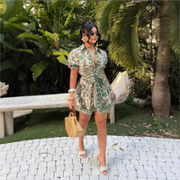 Bohemian Style Single-Breasted Front-Lace-Up Short-Sleeve A-Line Skirt