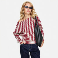 Women's Contrasting-Color Striped Slant-Neck Long-Sleeve