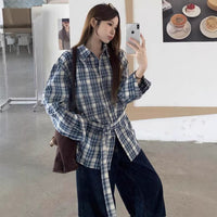 Womens Blue Plaid Shirt With Tie Waist For A Slimming Look