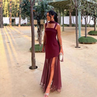 French Romantic Resort-Style Sexy Backless Flowy Strap Detail High-Slit Maxi Dress