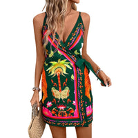 Summer Tropical Print Sleeveless Spaghetti-Strap Lace-Up Dress