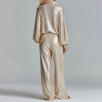 Party-Style Oversized Wide-Leg Champagne Gold Sequin Two-Piece Set