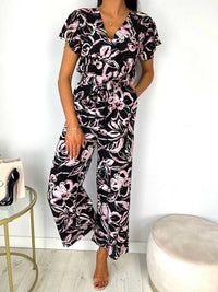 New V-Neck Sleeveless Ruffle Print Jumpsuit