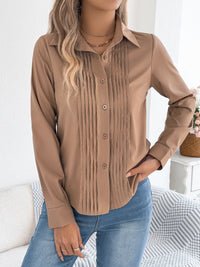 Women's Elegant Crinkled Solid Color Button Long Sleeve Office Shirt