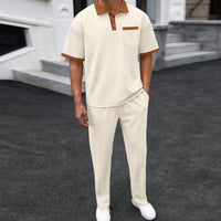 Waffle Lapel Color Matching Short-sleeved Trousers Two-piece Casual Suit