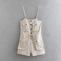 Thin Tooling Style Three-Dimensional Pocket Sling Jumpsuit Shorts Casual Pants Women