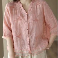 Retro Cotton-Linen Shirt Womens Artistic Cardigan Embroidered Blouse