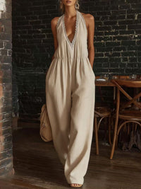 Casual And Comfortable Lace-trimmed Loose Linen Jumpsuit