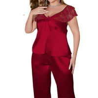 Plus Size Ic Silk Womens Summer Lace Sexy Short Sleeve Pants Loungewear Set