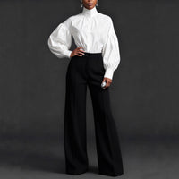 Stylish And Elegant Womens Pleated High-neck Blouse With Puffed Sleeves