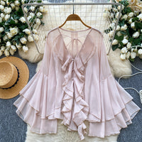 Ruffled Trim Single-Breasted Flared Sleeve Womens Chiffon Blouse