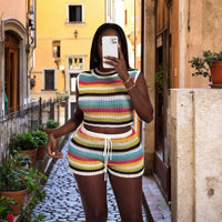 Bold Contrasting Striped Hollow-Out Drawstring Vest
